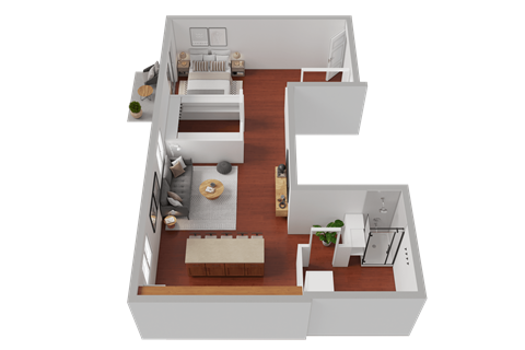 Floor plan for studio, 1 bath, 697 sqft